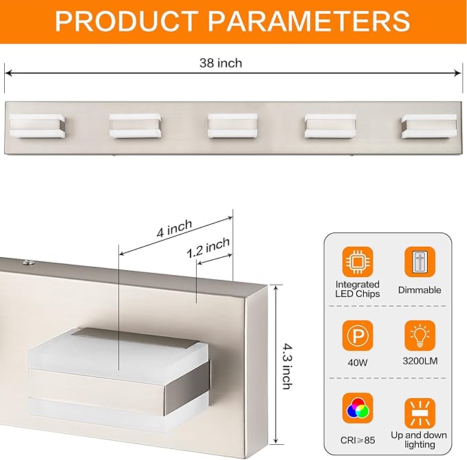 SOLFART 5 Light Bathroom Vanity Light Brushed Nickel Bathroom Vanity Light Fixtures Over Mirror Led Lights for Restroom Nickel