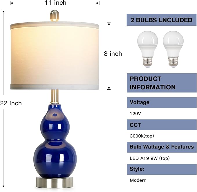 22" Double Gourd Ceramic Table Lamps Set of 2, Navy Blue Modern Bedside Lamps for Living Room, Contemporary Nightstand Desk Lamps for Bedroom End Table Home Office Decor(2 LED Bulbs Included)