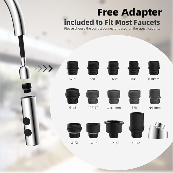Hibbent Metal Pull Down Kitchen Faucet Head Replacement with 15 Adapters, Sink Spray Head, 2 Function Spray Nozzle Compatible with Moen, American Standard, Delta, Kohler Faucets, Chrome (Silver)