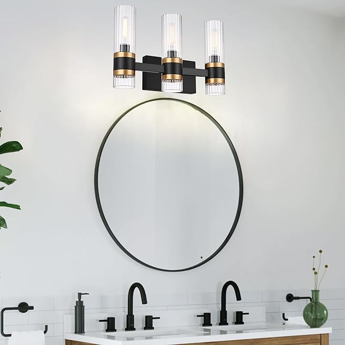 MELUCEE Black 3 Light Bathroom Vanity Light, Modern Vanity Lights Bathroom Light Bar with Ribbed Clear Glass Shade Indoor Wall Lights for Mirror Cabinet Kitchen Bedroom Hallway, E12 Base