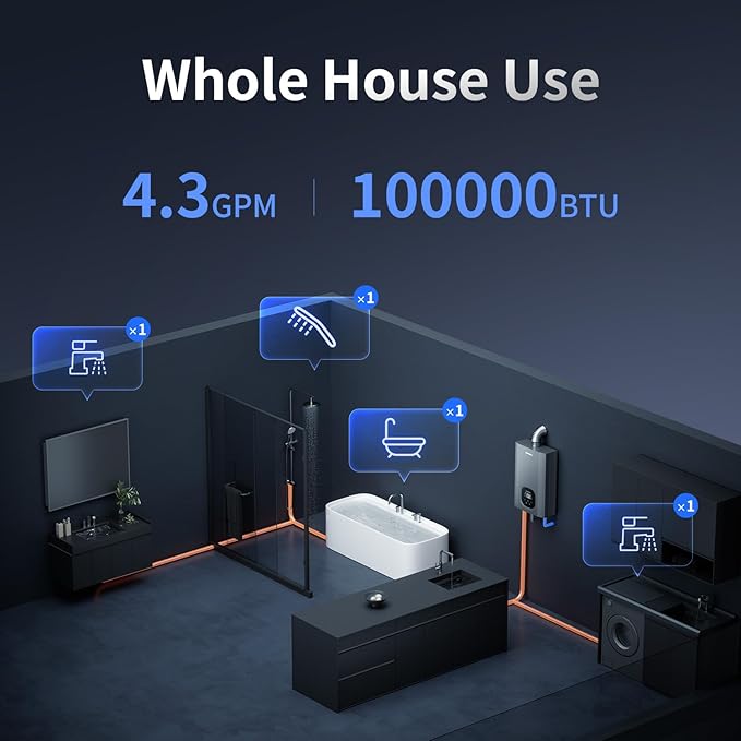 Ranein Natural Gas Tankless Water Heater with Vent Pipe, Indoor Max 4.3 GPM, 100,000 BTU Instant Hot Water Heater