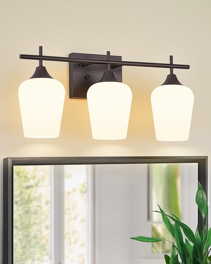 3-Light Bathroom Lighting Fixtures Over Mirror, 21" Oil Rubbed Bronze Vanity Lights Farmhouse Bath Wall Sconce with Milk Glass for Bath, OS-YQ9167-3AW