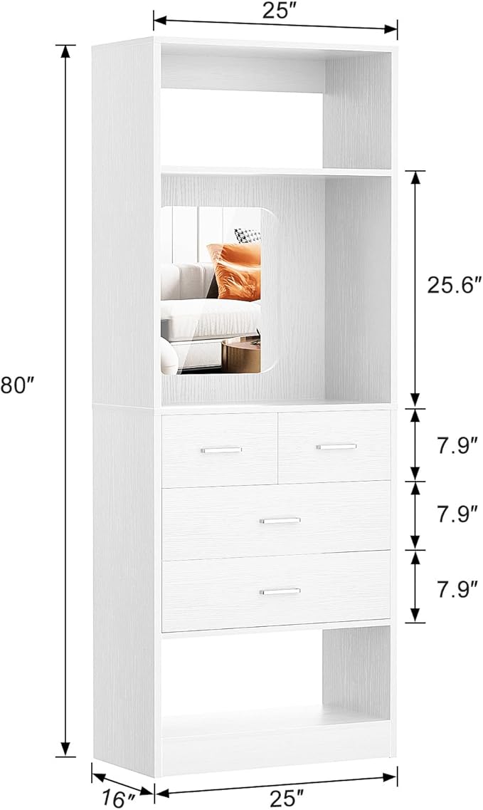 Unikito 25" Closet System with Drawers, 2FT Freestanding Closets Organizer with Storage Shelves and Mirror, Sturdy Walk in Closet Tower for Bedroom, Mudroom and Entryway, 25" W x 16" D x 80" H, White