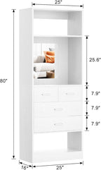 Unikito 25" Closet System with Drawers, 2FT Freestanding Closets Organizer with Storage Shelves and Mirror, Sturdy Walk in Closet Tower for Bedroom, Mudroom and Entryway, 25" W x 16" D x 80" H, White