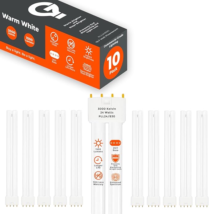 GoodBulb PLL24/830 | 24W 12.7" Twin Tube Compact Fluorescent Light Bulb | 4-pin 2G11 Base 3000K Warm White 1500 Lumen | 36000 Hour Long Life Biax | Pack of 10