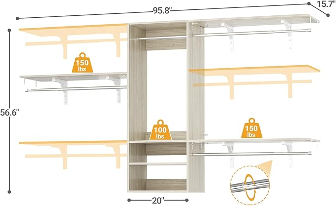 Cyclysio 96 Inch Closet Organizers and Storage, 8 FT Hanging Closet Organizer with 4 Adjustable Rods, Wardrobe Organizers with 3 Shelving Towers for 4-8FT Spaces(Cut-to-Fit), Oak