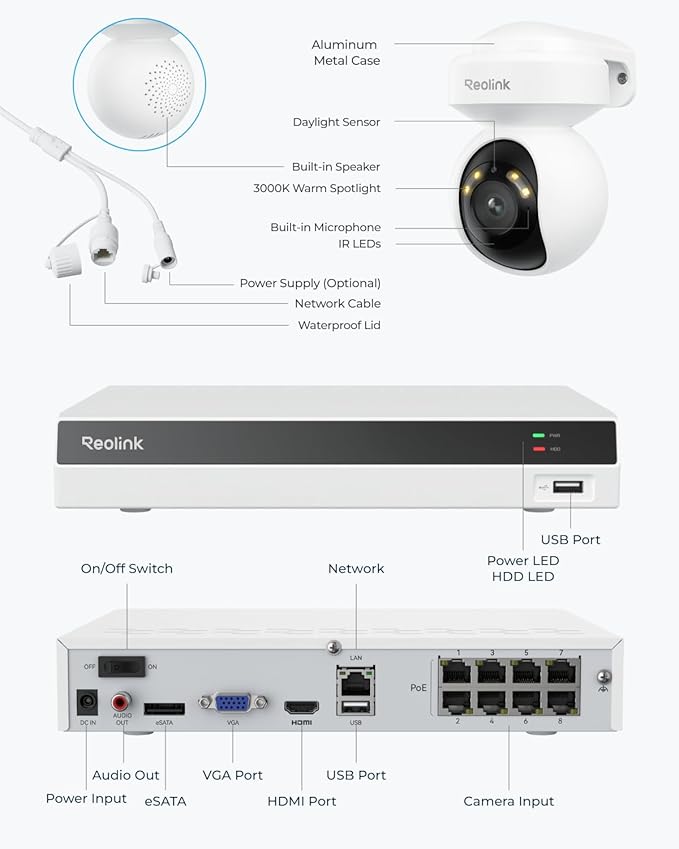 Reolink 4K Security Camera System with PT Auto-Tracking, 355°Pan 50°Tilt, 4K PoE Cameras Home Surveillance Wired Outdoor, Smart AI Detection, Spotlights & 2-Way Talk, 8CH NVR 2TB HDD, RLK8-800PT4