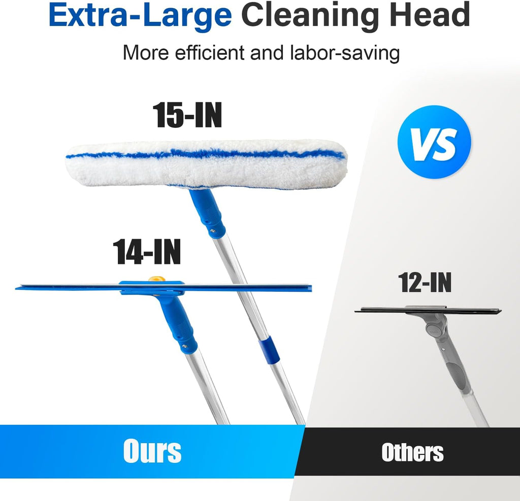 Squeegee for Window Cleaning, 14" Extra-Large Squeegee & Microfiber Scrubber Combi with 60" Stainless Steel Pole, Window Cleaning Kit for Shower Glass Mirror Door Car-2 Pads