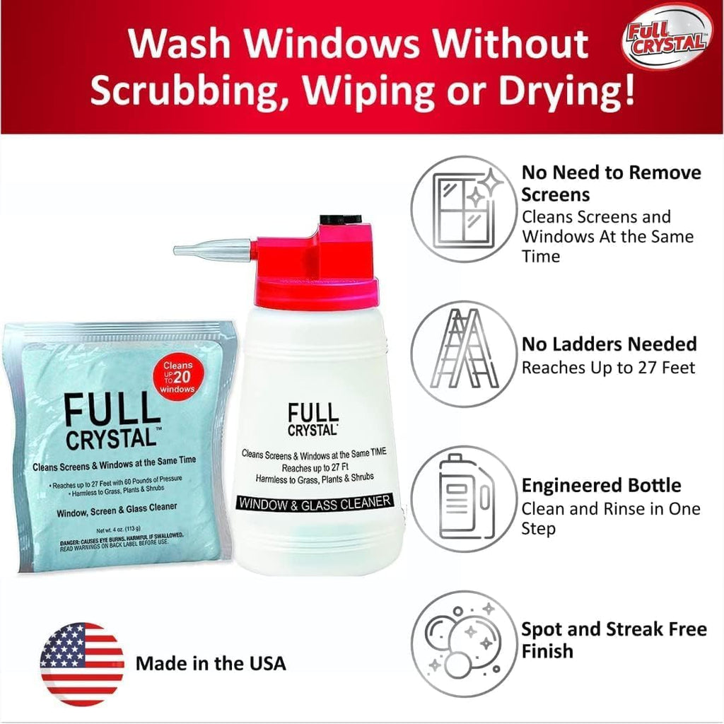 Full Crystal Window Cleaning Kit- 8 oz Glass Cleaner and Bottle with 27ft Reach will clean up to 40 Windows- Scrub Free, Rinse Free Glass Cleaner Spray Removes Dirt, Grime and Water Deposits