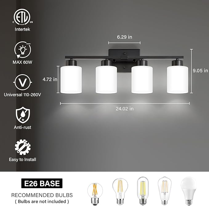 Black Bathroom Light Fixtures, 4-Light Modern Vanity Light Over Mirror, Wall Sconces with Milky White Frosted Glass Shades, E26 Socket (Bulbs Not Included)