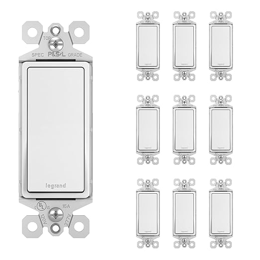 Legrand radiant TM870WCP6 15 Amp Rocker Wall Switch, Single Pole Decorator Light Switches, White (10 Pack)