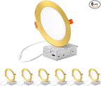 ZYC recessed Lighting 6 inch - 12W 1100LM High Brightness,5CCT 2700K/3000K/3500K/4000K/5000K Selectable,Ultra-Thin LED Recessed Ceiling Light,Dimmable Canless Wafer Downlight,Pack of 6 Gold.