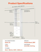 VEVOR Closet System with 3 Drawers, Adjustable Height Wooden Closet Organizers, Modern Walk-in Wardrobe Organization with 4 Retractable Clothes Hanger Rods, Freestanding Garment Rack Storage, White