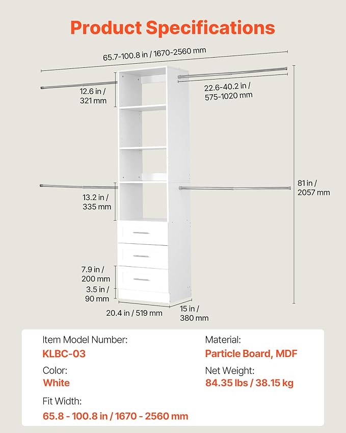 VEVOR Closet System with 3 Drawers, Adjustable Height Wooden Closet Organizers, Modern Walk-in Wardrobe Organization with 4 Retractable Clothes Hanger Rods, Freestanding Garment Rack Storage, White