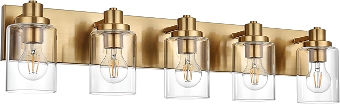 5 Light Bathroom Vanity Lights Brushed Nickel Bathroom Lighting Fixtures Over Mirror with Clear Glass Shades, Modern Industrial Wall Sconces Vanity Lighting Fixture for Bedroom Living Room