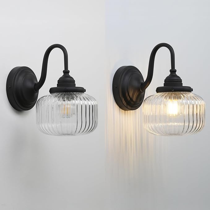 Vintage Gooseneck Wall Sconce 1-Light with Clear Striped Glass Globe Shade Indoor Hardwired Wall Mounted Lamp Fixture