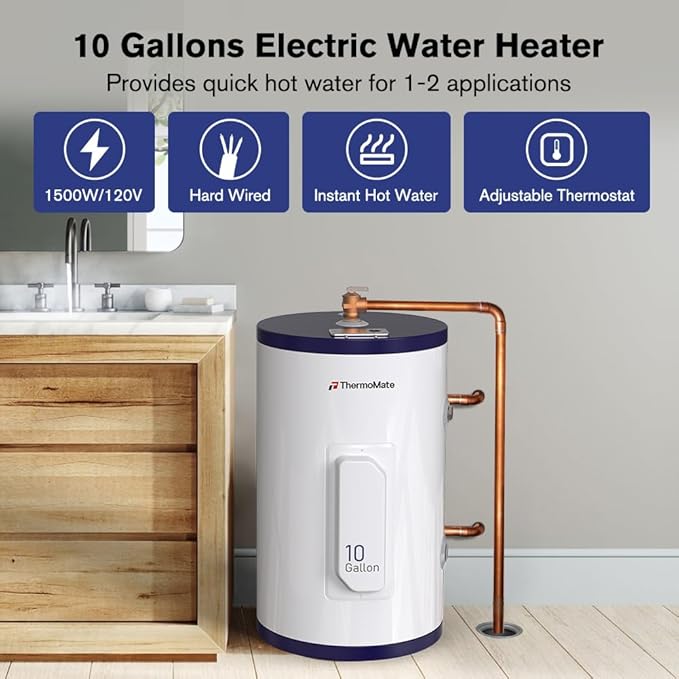 Thermomate Tank Water Heater - 10 Gallon Point of Use Hot Water Heater, 120V 1500W, Adjustable Thermostat, UL Listed (ES1000)