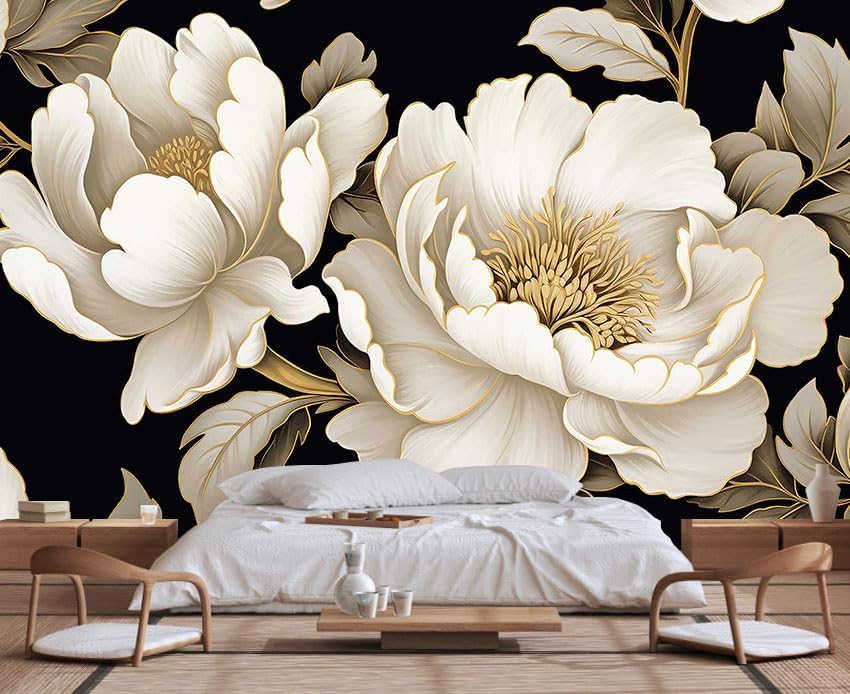 Vintage Peony Buds and Leaves Floral Seamless Pattern Wallpaper for Bedroom, Living Room, Bathroom Wall Backgrounds(Non-self-Adhesive)