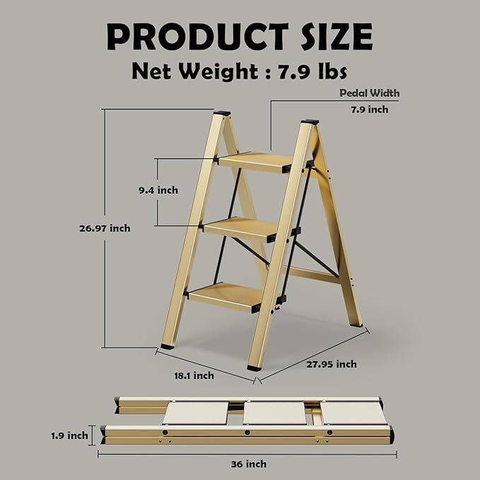 HillhutApex 3 Step Stool, Aluminum Foldable Step Ladder, Lightweight Stable Stool with Wide Non-Slip Pedals, 330lbs Bearing Capacity Ladder for Office,Home,Kitchen - Gold