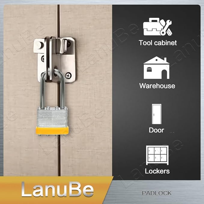 LanuBe Lock Laminated keyed Padlock (1-9/16", 40mm), keyed Alike Locks, Long Shackle,Marked Yellow Plastic Hoop, Pack of 6