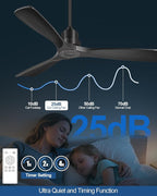 52 Inch Ceiling Fans Without Lights, Outdoor Ceiling Fan No Light, 3 Wood Blades, 3 Downrods, Timer, 6 Speeds Modern Ceiling Fan with Remote Reversible DC Motor for Patios, Matte Black