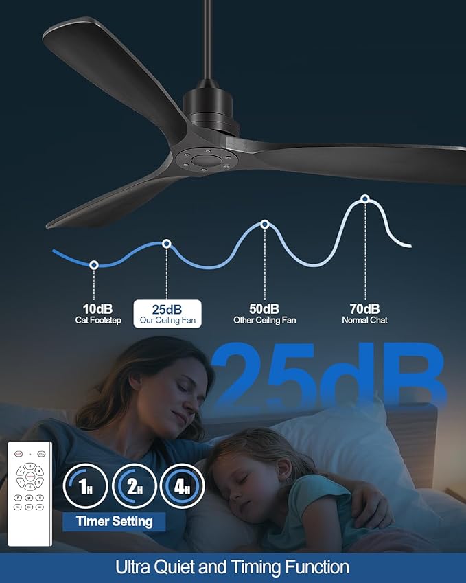 52 Inch Ceiling Fans Without Lights, Outdoor Ceiling Fan No Light, 3 Wood Blades, 3 Downrods, Timer, 6 Speeds Modern Ceiling Fan with Remote Reversible DC Motor for Patios, Matte Black