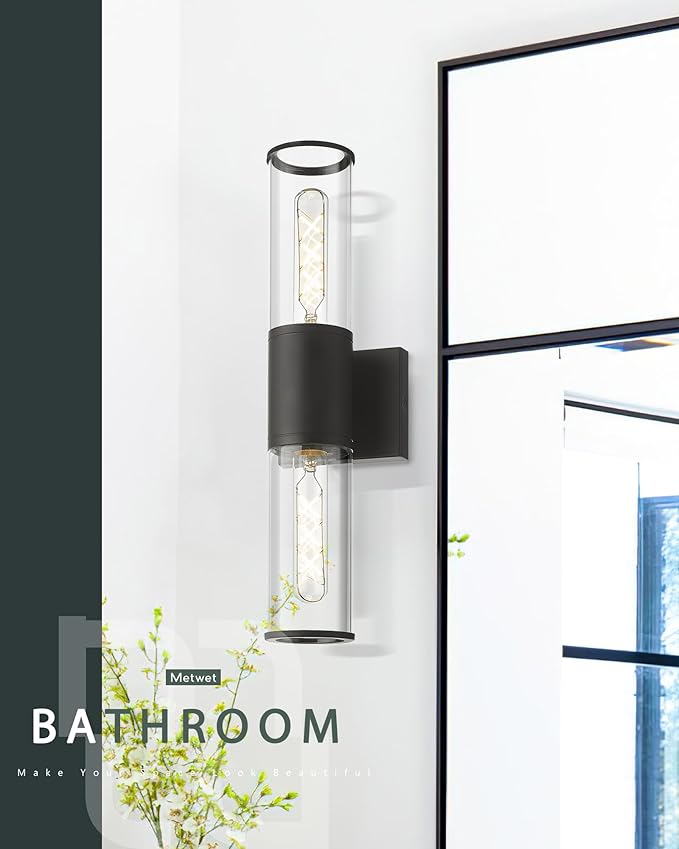 Black Bathroom Light Fixtures, 2-Light Vanity Lights Over Mirror with Clear Glass Shade, Modern Wall Sconces for Bathroom Bedroom Hallway, VL834-MB