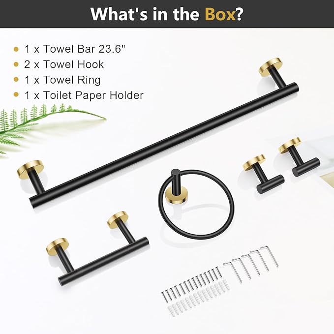 TQKAG Black and Gold 5 Piece Bathroom Hardware Accessories Set 23.6" SUS304 Stainless Steel Bathroom Towel Bar Holder Sets Double Post Pivoting Toilet Paper Holder Set Wall Mounted