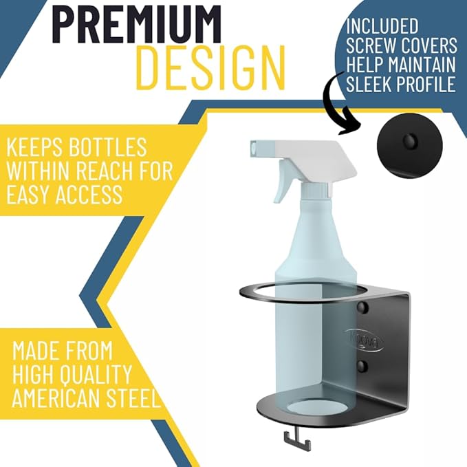 Koova All-Purpose Spray Bottle Holder with Rag Hook | Wall Mount Organizer for Garage, Home & Shop | Heavy-Duty Powder Coated Steel | USA Made | Hardware Included
