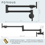 FORIOUS Black Pot Filler Faucet Over Stove, Solid Brass Modern Wall Mount Commercial Folding Faucet with Stretchable Double Joint Swing Arms for Kitchen Restaurant