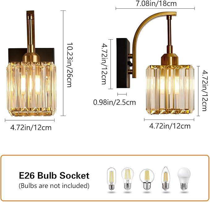 Wall Sconces, Set of 2 Black Gold Crystal Vanity Lights, Modern Wall Lamp for Bathroom, Hallway, and Makeup, Easy Installation