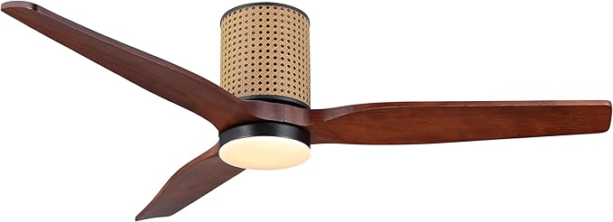 52" Ceiling Fan with Light - Low Profile Flush Mount Ceiling Fan, 6-Speed Remote Control, Solid Wood, Quiet Reversible DC Motor,Walnut/Black Finish, for Bedroom, Living Room, Porch