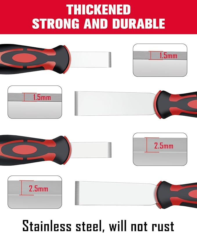 ROTATION Extra Thick Scraper Set, 4 piece, Soft Grip, Heavy Duty, Scraper with Hammer End, Stainless Steel Putty Knife