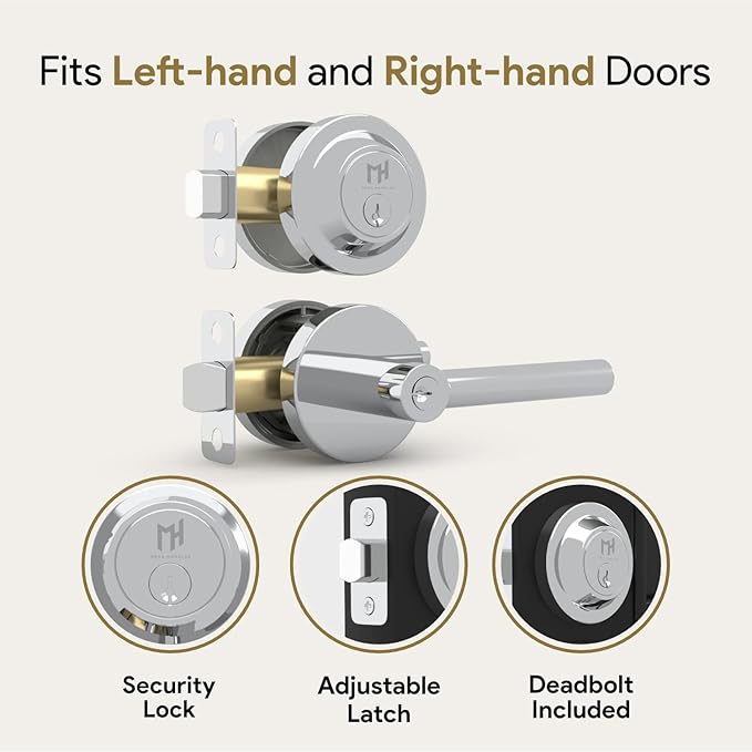 Mega Handles Ronn Entrance Combo, Entry Lever Door Handle and Single Cylinder Deadbolt Lock and Key Pack, Heavy Duty Round Locking Door Levers Set for Left or Right-Handed Doors - Polished Chrome