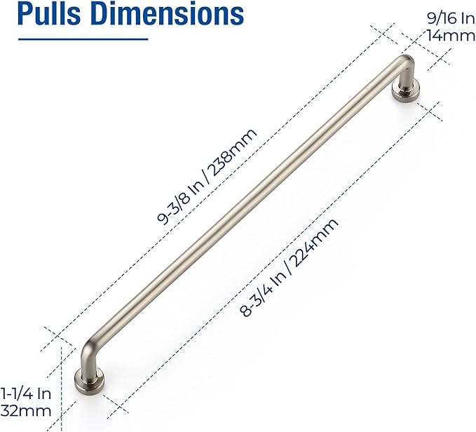 JOY DECOR Cabinet Pulls – 8-3/4 Inch Hole Center, Brushed Nickel, 5 Pack, Zinc Alloy Cabinet Handles for Drawers & Cupboard – Vintage Style Hardware for Kitchen, Bathroom, Dresser, Furniture Makeover
