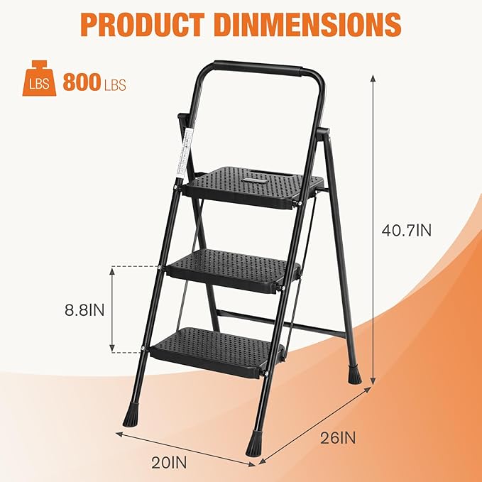 Sweetcrispy 3 Step Ladder, 800lbs Folding Step Stool with Wide Anti-Slip Pedal, Sturdy Ladder, Convenient Handrail, Lightweight, Portable Step Stool