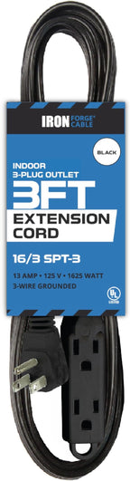 Iron Forge Cable 3 ft Flat Plug Black Extension Cord with 3 Outlets - 16/3 SJTW 3 Prong Indoor Extension Cord with Multiple Outlets