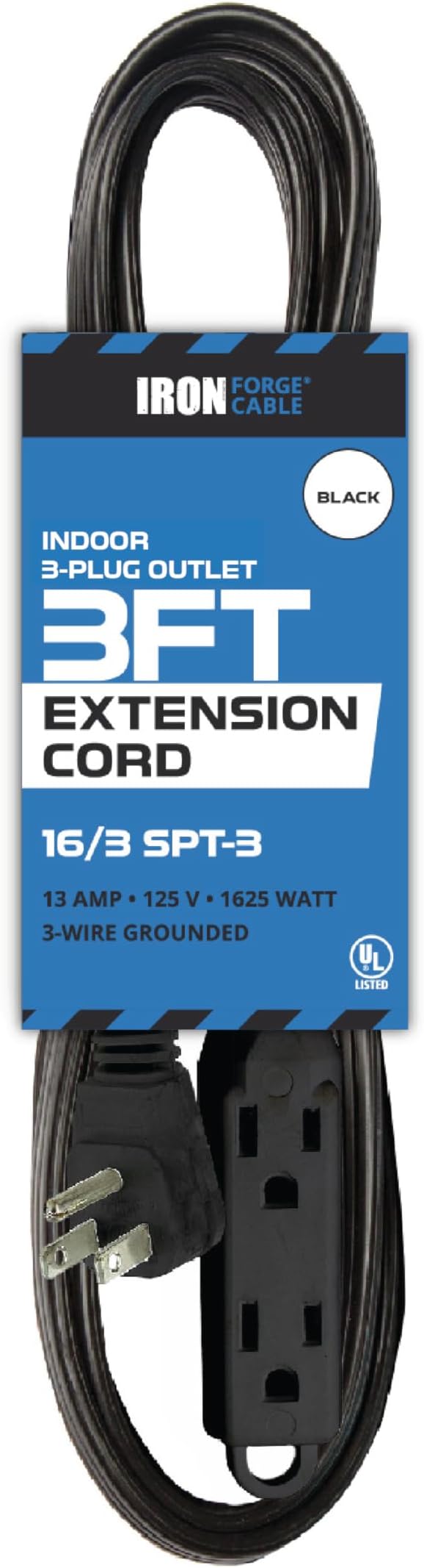 Iron Forge Cable 3 ft Flat Plug Black Extension Cord with 3 Outlets - 16/3 SJTW 3 Prong Indoor Extension Cord with Multiple Outlets