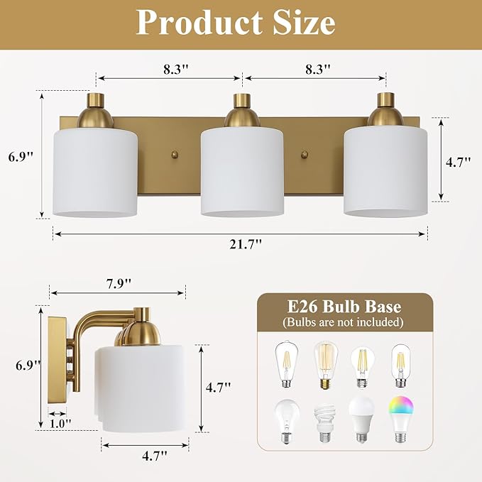 Stainless Steel Milk Glass Vanity Lights for Bathroom, 3 Light Gold Bathroom Light Fixtures Over Mirror, Ceramic E26 Sockets Wall Mounted
