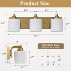 Stainless Steel Milk Glass Vanity Lights for Bathroom, 3 Light Gold Bathroom Light Fixtures Over Mirror, Ceramic E26 Sockets Wall Mounted