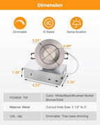 Brushed Nickel 3 inch Recessed LED Lights, 7W 5CCT Gimbal Artwork Soffit Lighting Fixture, 360° Rotatable Swivel Spot Lights, Canless Dimmable Eyeball 90° Tilt, AC120V Fisheye 6 Pack Nickel