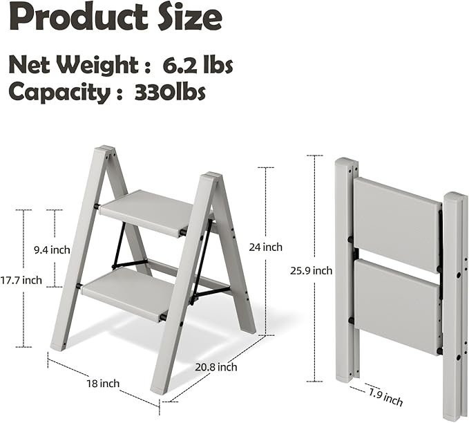 Taranta 2 Step Ladder,Aluminum Lightweight Folding 2 Step Stool with Anti-Slip Wide Pedal,330lbs Capacity Step Ladder for Household,Kitchen,Office - Misty Gray