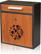 Wall Mount Mailbox, Large Capacity Mailbox for House Outside Galvanized Steel Rust-Proof Metal Post Drop Box, 12"×10.5"×4.7" Flower Hollowed Wooden Patterned Metal Sheet Black