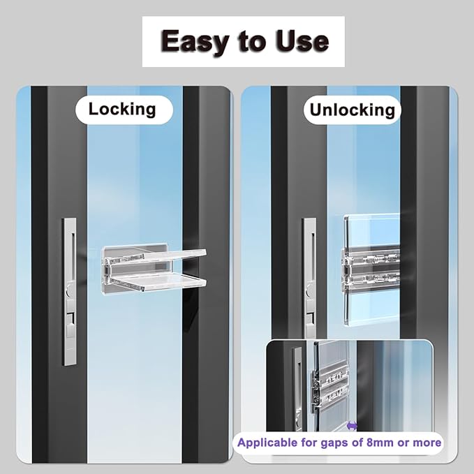 Sliding Door Lock for Child Safety 2 Pack, Sliding Patio Door Lock for Child Proof, Glass Window Door Stopper for Childproof, Childproof Window Lock for Toddler Kids and Baby Proofing（Clear）