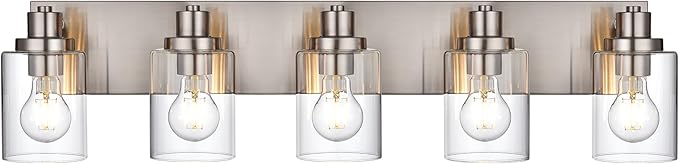 5 Light Brushed Nickel Vanity Lights Bathroom Lighting Fixtures Over Mirror, Modern Bathroom Lights with Clear Glass Shade, Farmhouse Vanity Wall Sconces Lighting for Bedroom Living Room