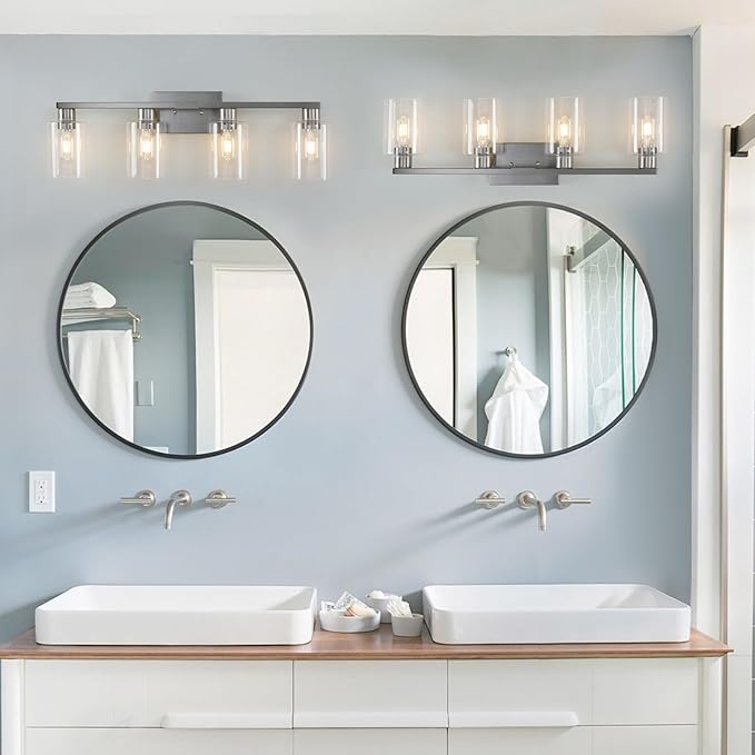 4 Light Bathroom Light Fixtures, Brushed Nickel Modern Bathroom Vanity Light with Clear Glass Shade, Bathroom Lighting Fixtures Over Mirror, Vanity Lights for Bathroom Mirror