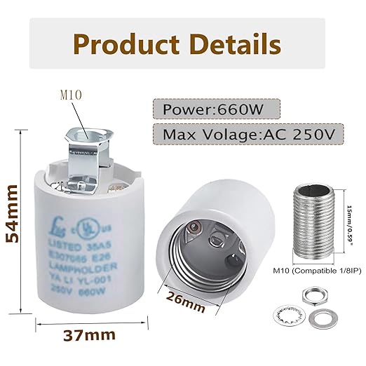 Keyless E26 Porcelain Socket,JNXQWE Ceramic Medium Base Screw Socket with Hickey IPS 1/8-27,Glazed (3-Pack,Keyless)