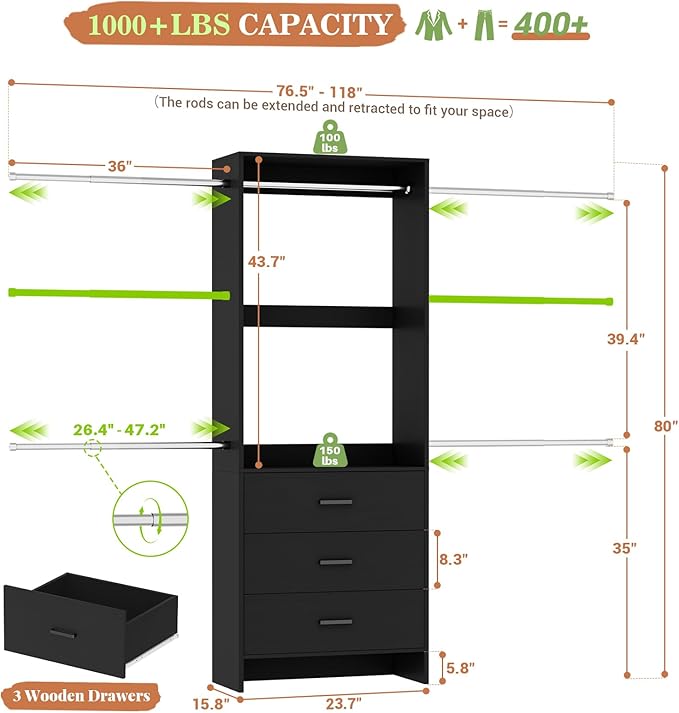 Aheaplus Closet System With 3 Wooden Drawers, Walk-in Wardrobe Organizer, Clothes Rack With 4 Hanging Rods, Garment Rack, -4R, Black