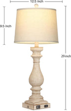 27.5" Farmhouse Table Lamp for Living Room Set of 2,Vintage Bedside Lamps with USB C+A Ports & AC Outlet,3-Way Dimmable Touch Control White Washed Finish Nightstand Lamp for Bedroom,Beige