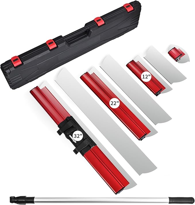 Drywall Skimming Blade Set, Upgraded Thickening 12", 22” & 32" Skimming Blades with Extension Handle,0.5mm&0.4mm Blades, Red